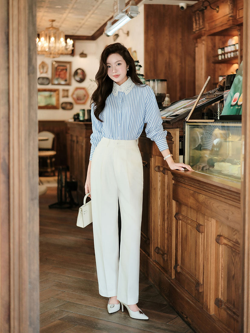 Blue Striped Shirt with White Lace Collar