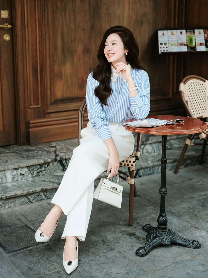 Blue Striped Shirt with White Lace Collar
