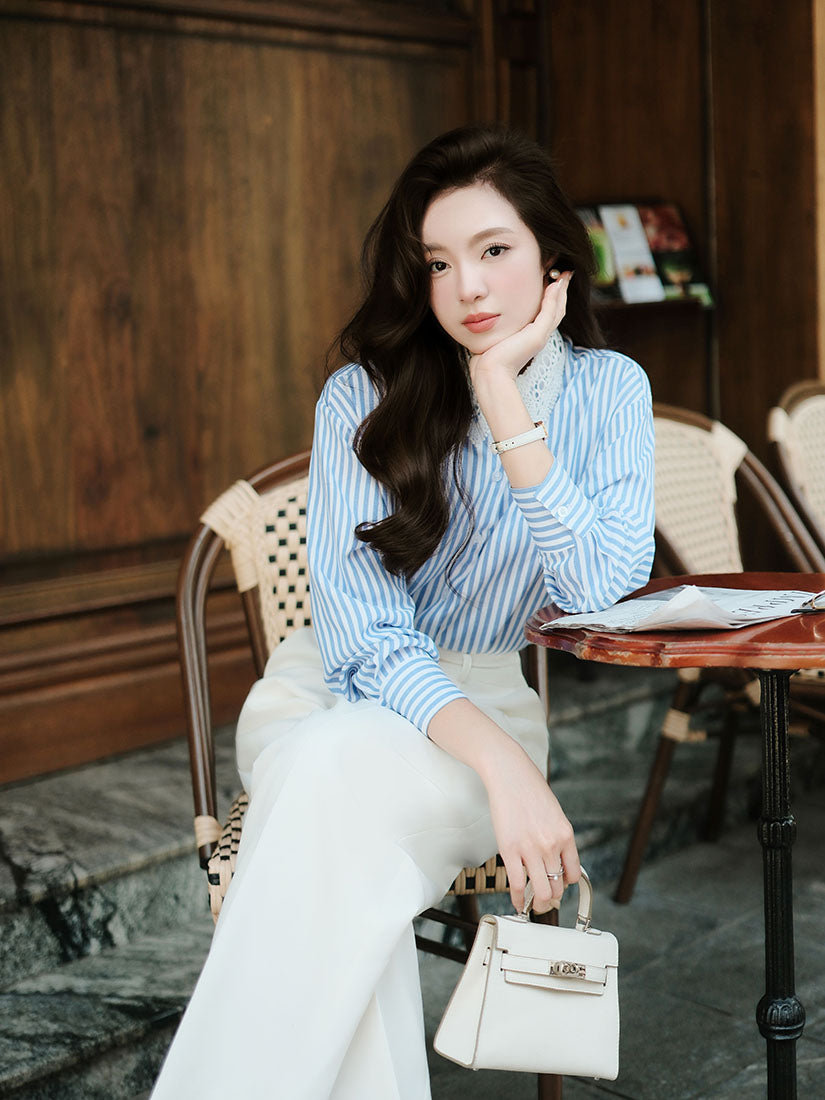 Blue Striped Shirt with White Lace Collar