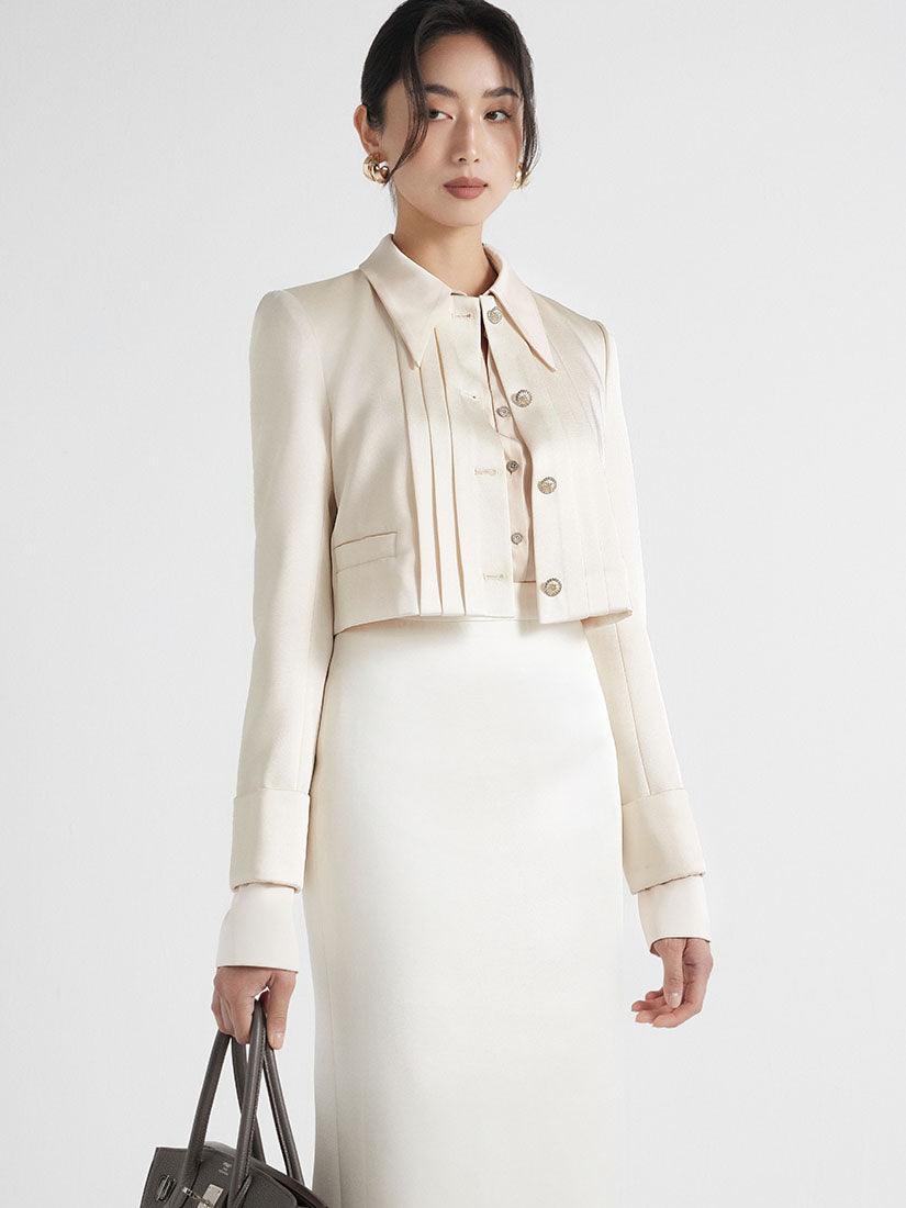 Ivory Pleated Crop Jacket(Defect Sale）