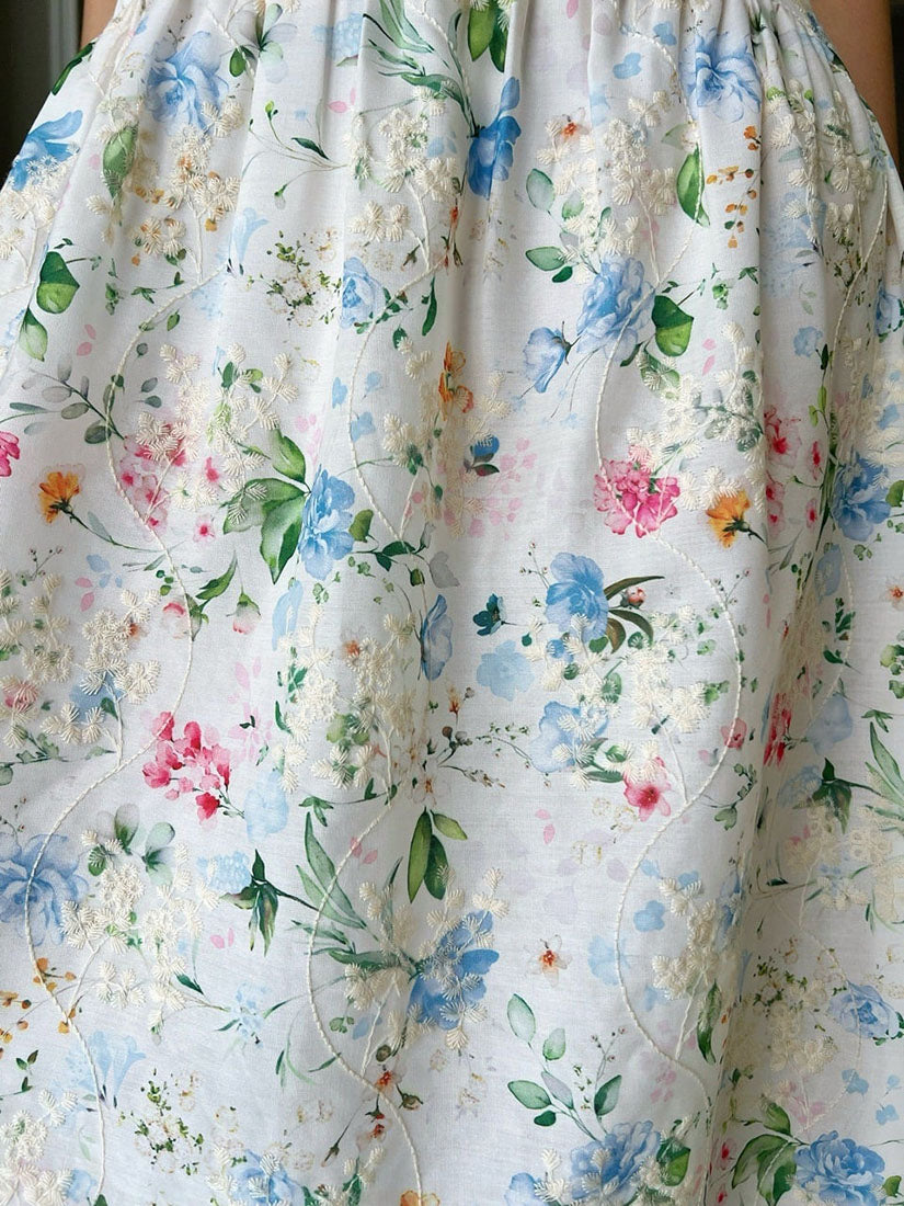 Lace Trim V Neck Sleeveless Floral Embroidered Dress