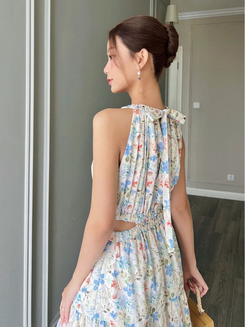 Halter Neck Cut Out Waist Floral Embroidered Dress
