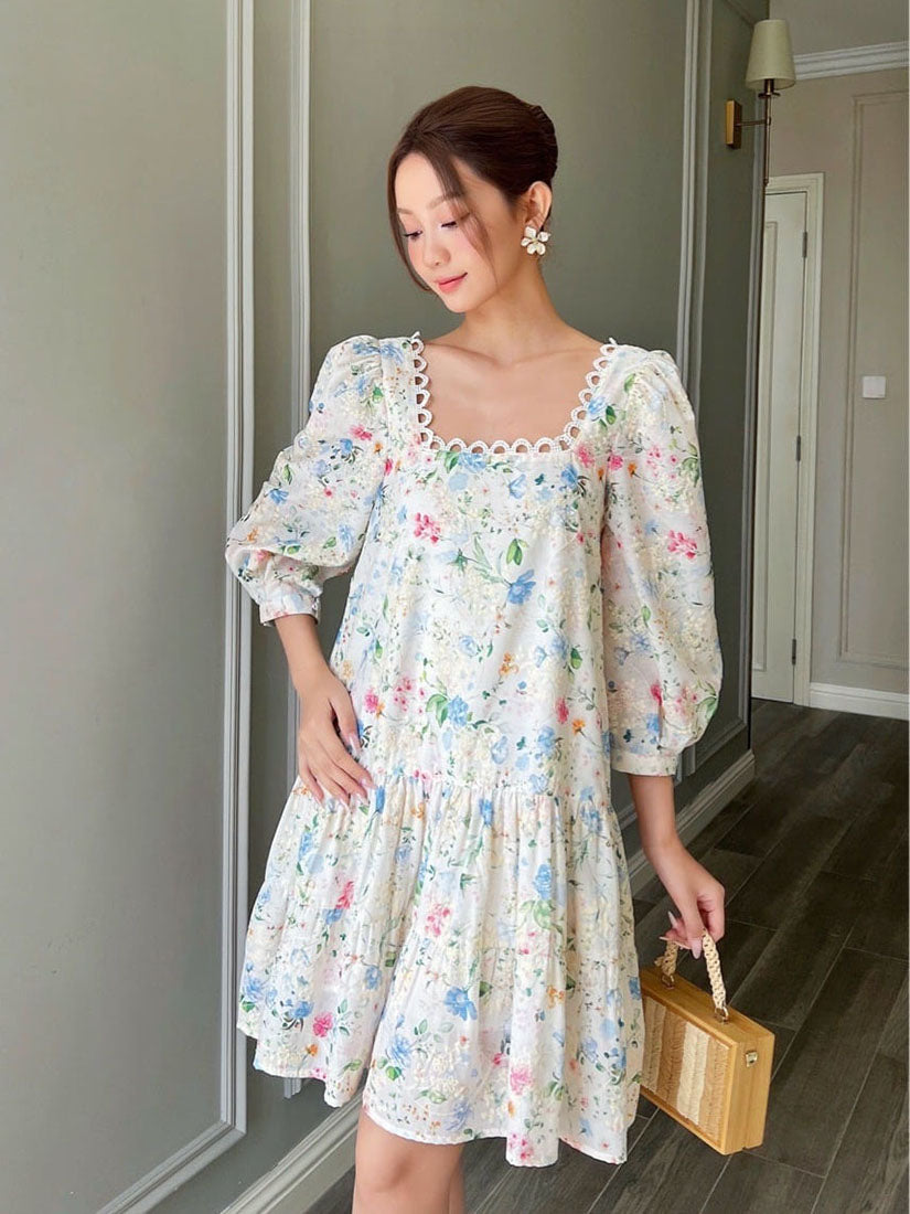 Square Neck Puffy Sleeve Floral Embroidered Dress
