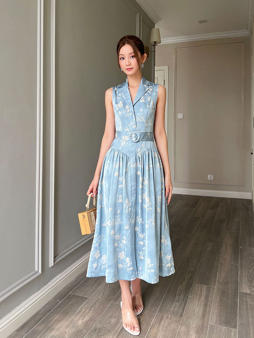 Belted Silky Floral Embossed Button Up Sleeveless Dress - Blue