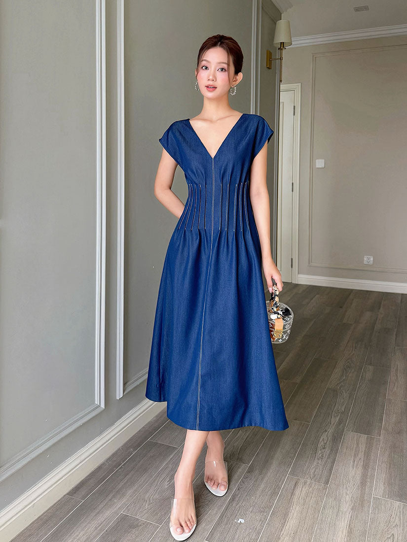 Pin-Tuck Waist Denim Dress