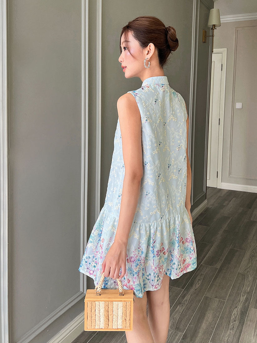 Floral Printed Hem Embroidered Sleeveless Dress