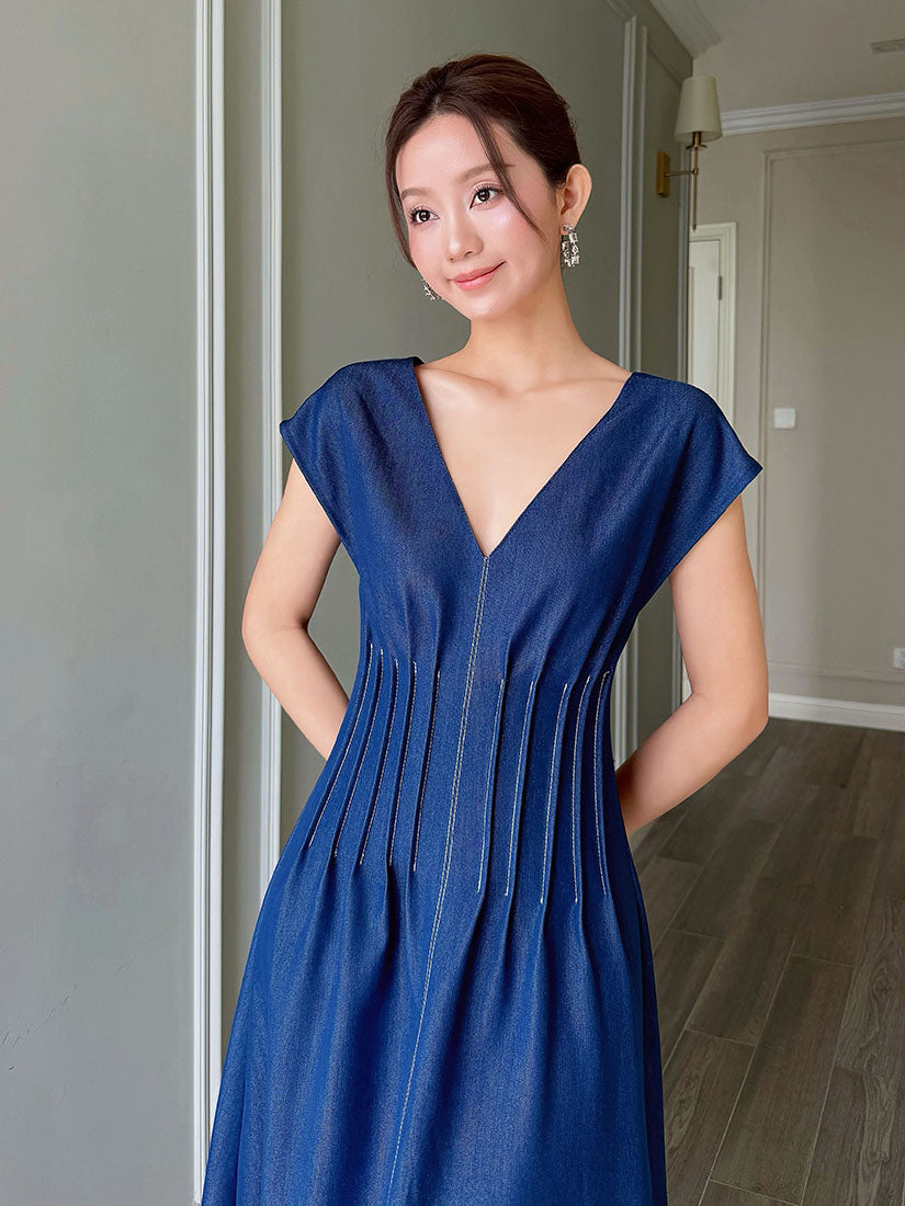 Pin-Tuck Waist Denim Dress
