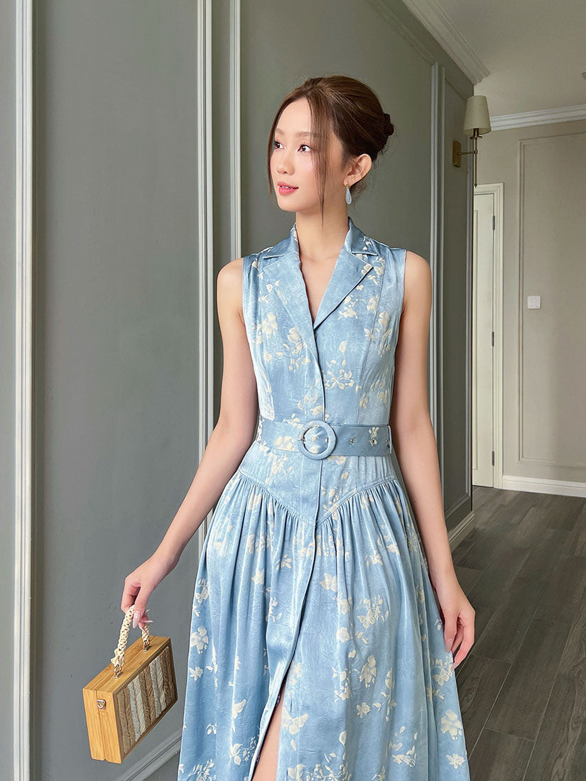 Belted Silky Floral Embossed Button Up Sleeveless Dress - Blue