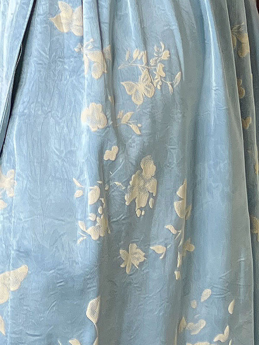 Belted Silky Floral Embossed Button Up Sleeveless Dress - Blue