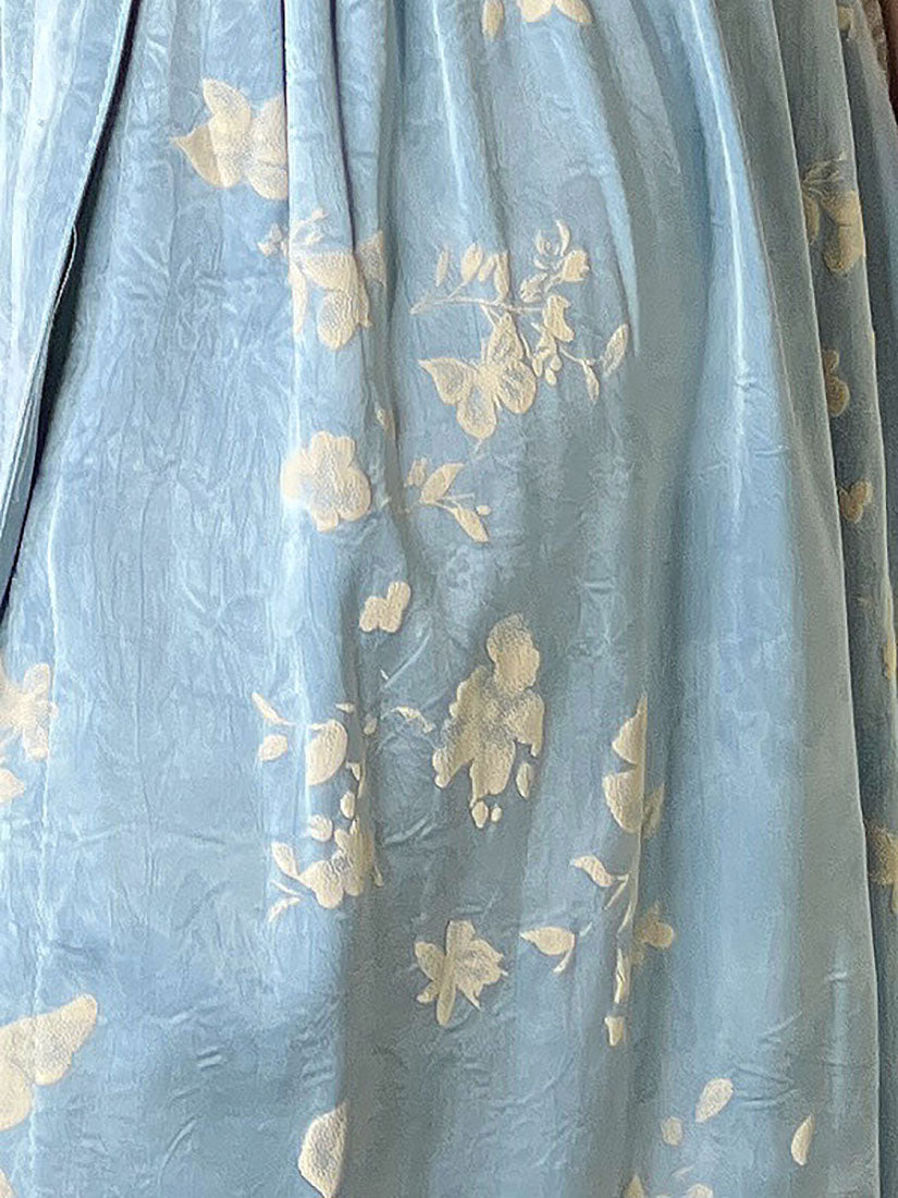 Silky Floral Embossed Tie Waist Wrap Top - Blue