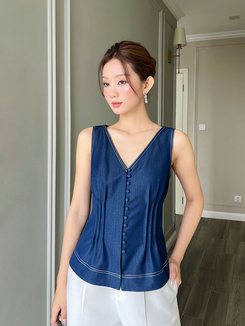 Buttony Denim V Neck Top