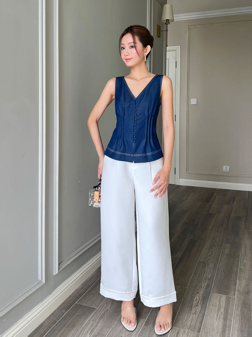 Buttony Denim V Neck Top
