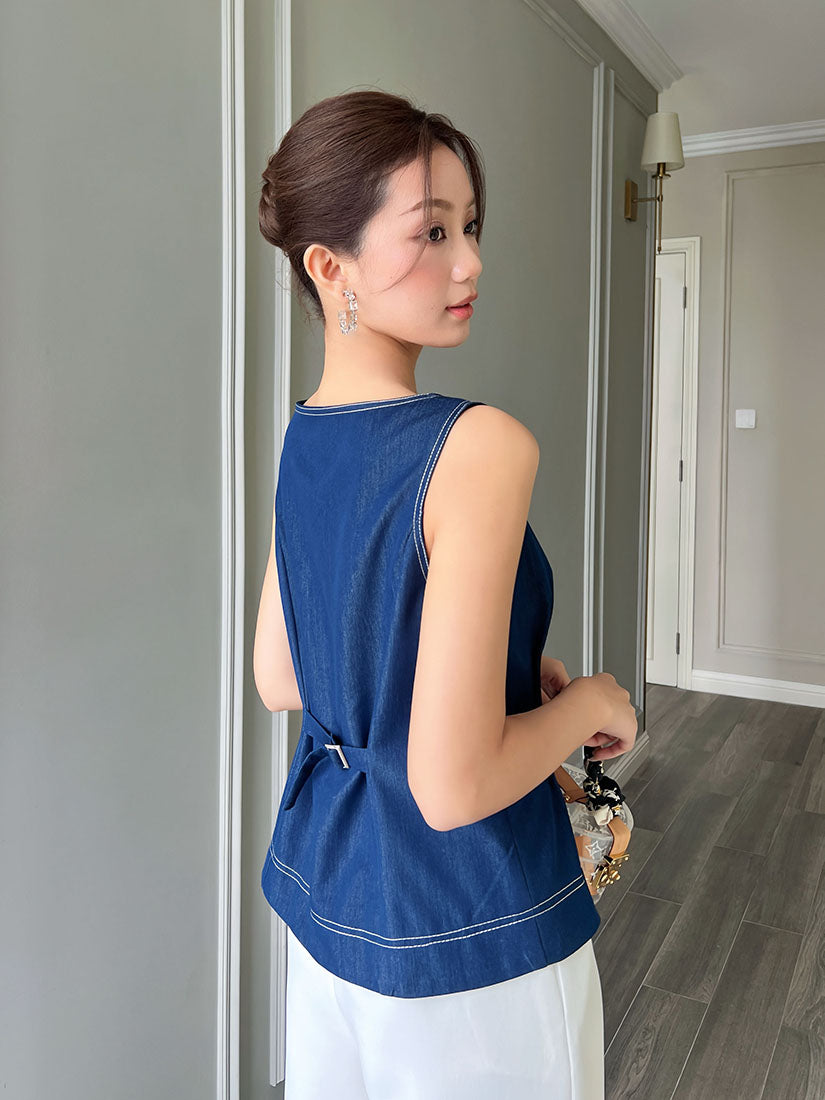 Buttony Denim V Neck Top