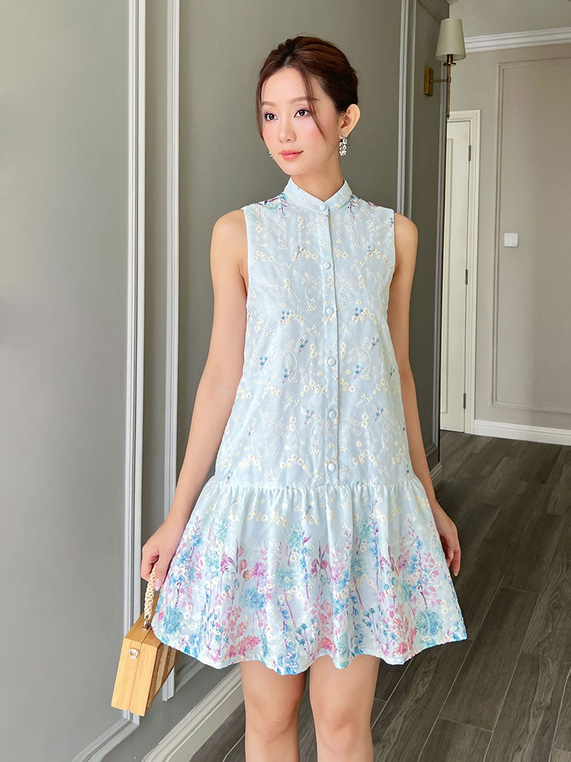 Floral Printed Hem Embroidered Sleeveless Dress