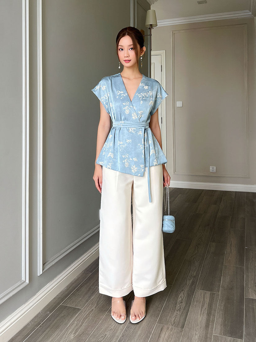 Cream Folded Hem Straight Pants