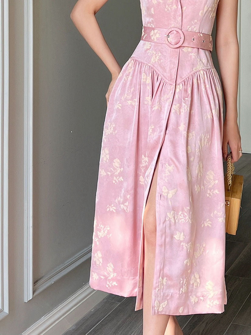 Belted Silky Floral Embossed Button Up Sleeveless Dress - Pink
