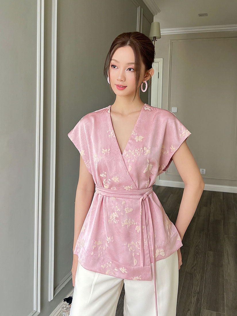 Silky Floral Embossed Tie Waist Wrap Top - Pink