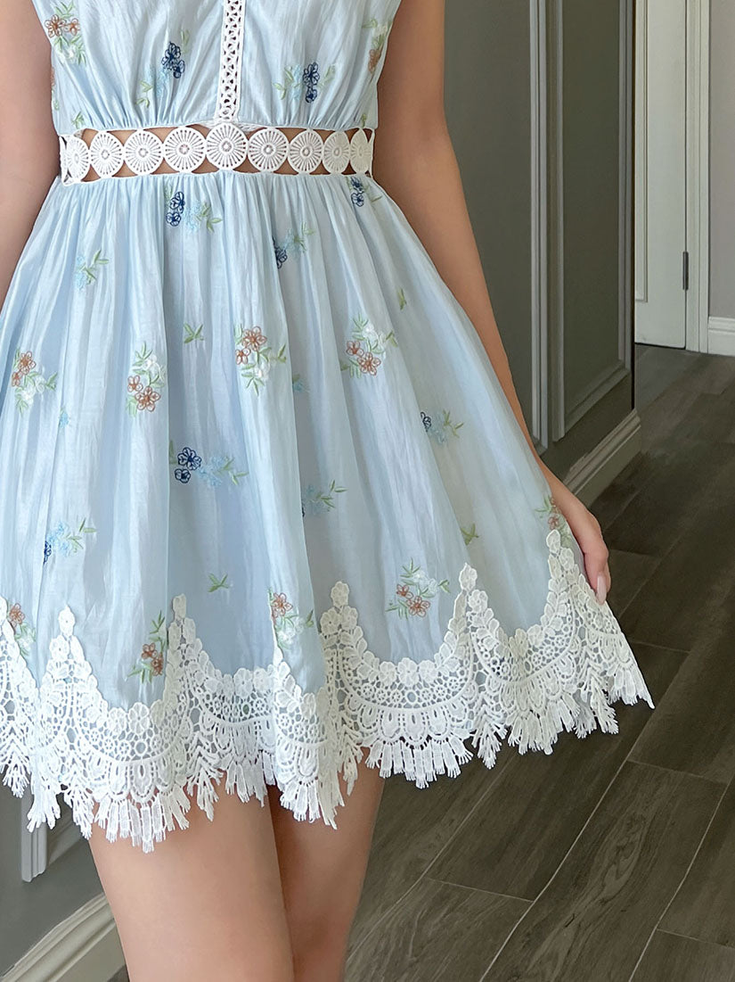 Floral Embroidered Lace Trim Sleeveless Dress