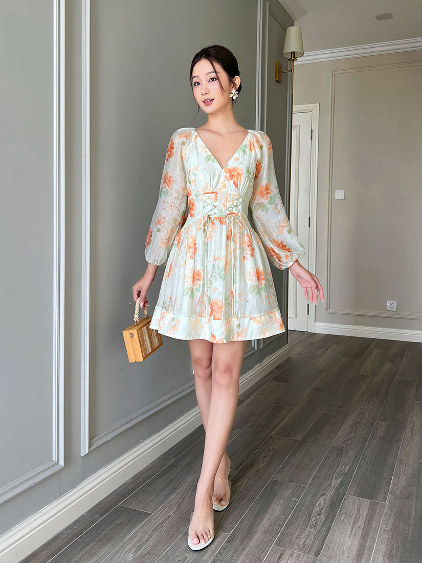 Floral Corset Waist Long Raglan Puff Sleeved Dress