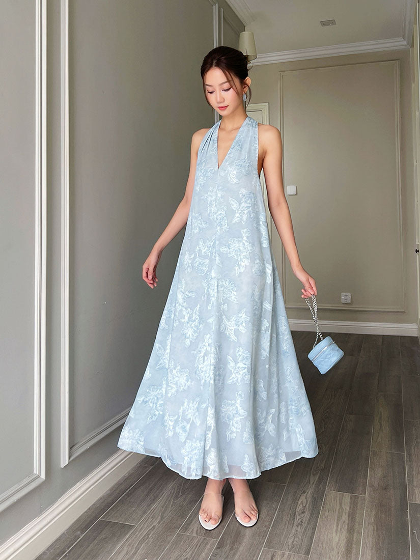 Floral Jacquard Halter Neck Flare Dress