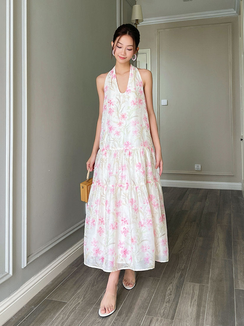 Floral Printed Halter Neck Tiered Dress