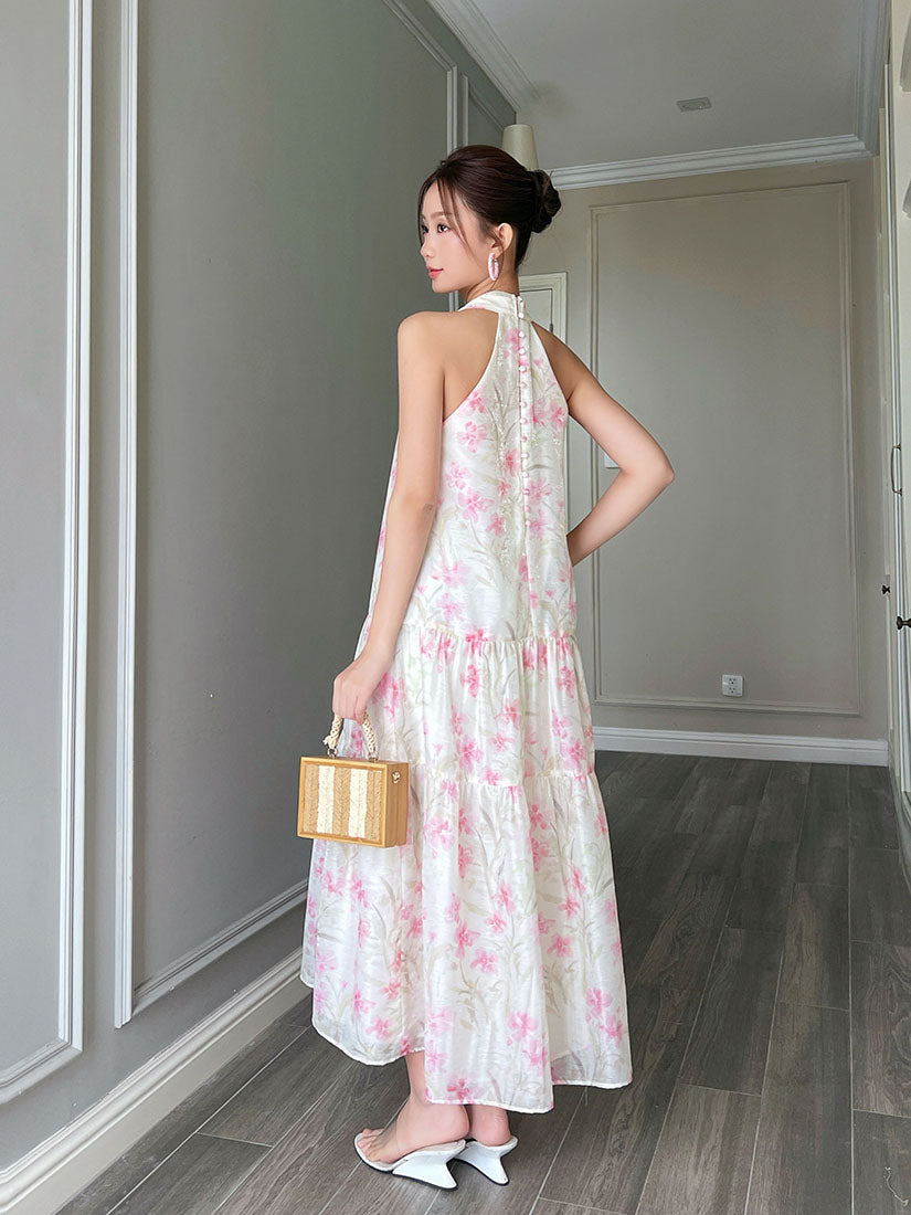Floral Printed Halter Neck Tiered Dress
