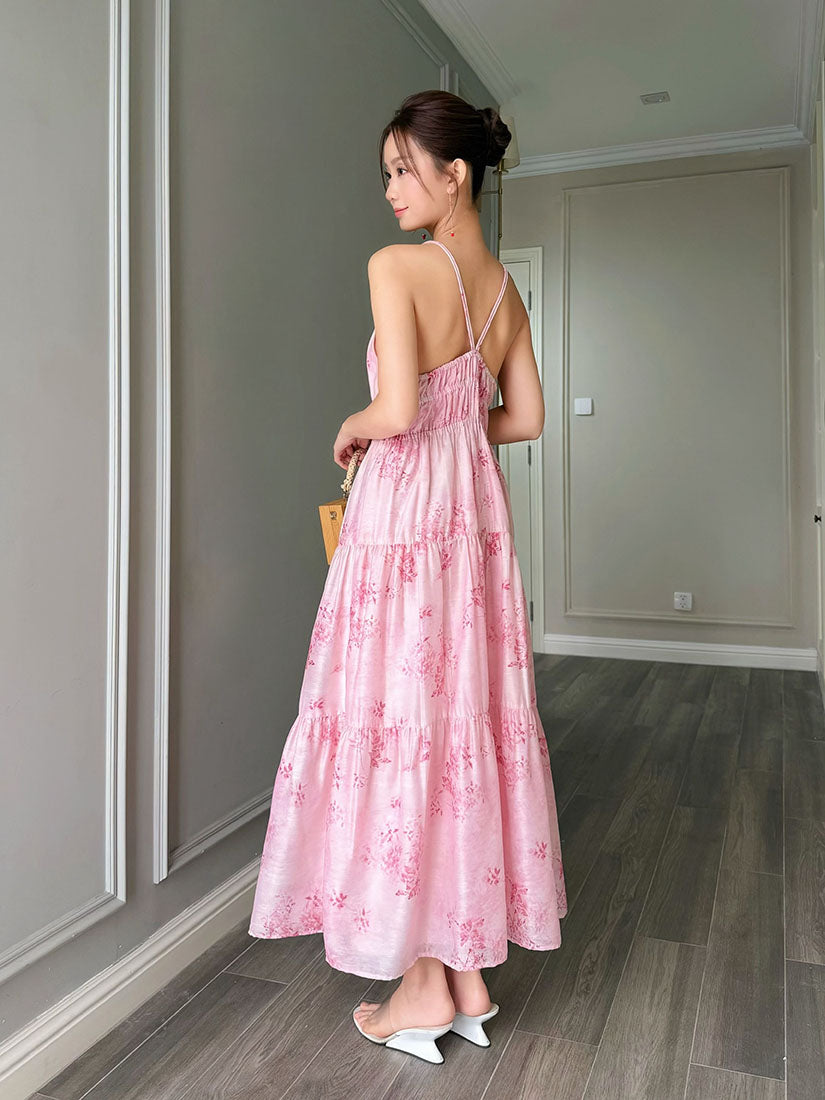 Floral Gathered Pleat Spaghetti Strap Tiered Dress