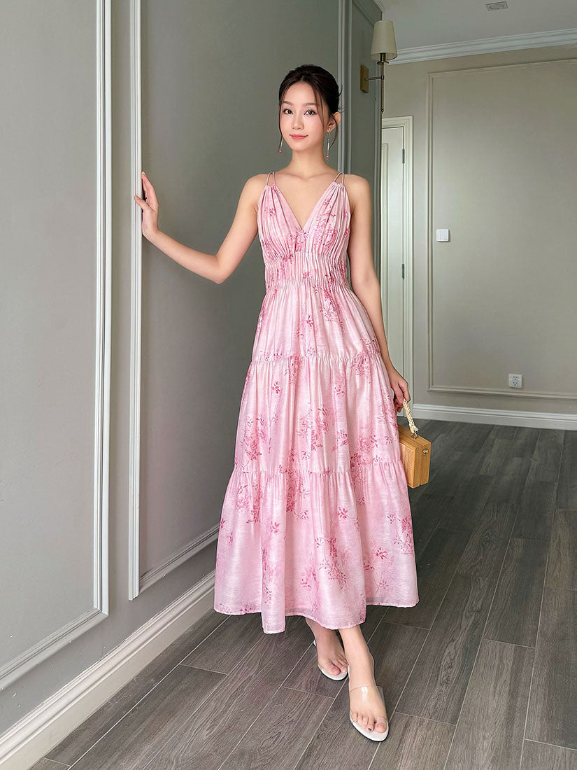 Floral Gathered Pleat Spaghetti Strap Tiered Dress