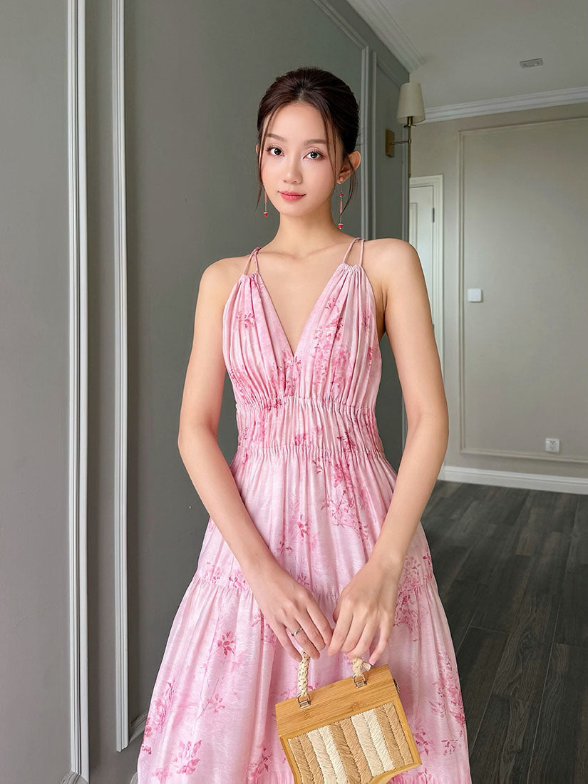 Floral Gathered Pleat Spaghetti Strap Tiered Dress