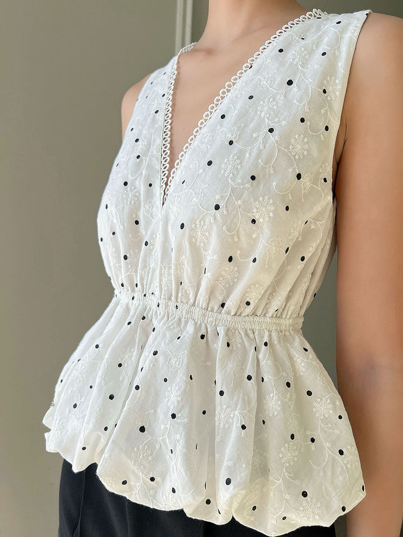 Embroidered Polka Dot Printed Vest Top