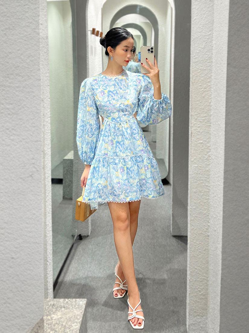 Cut Out Lace Trim Floral Print Dress