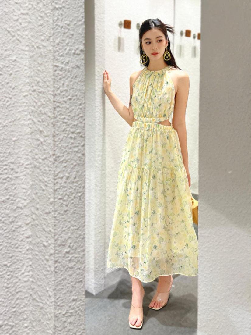 Yellow And Green Floral Pleated Cut-Out Maxi Sleeveless Dress