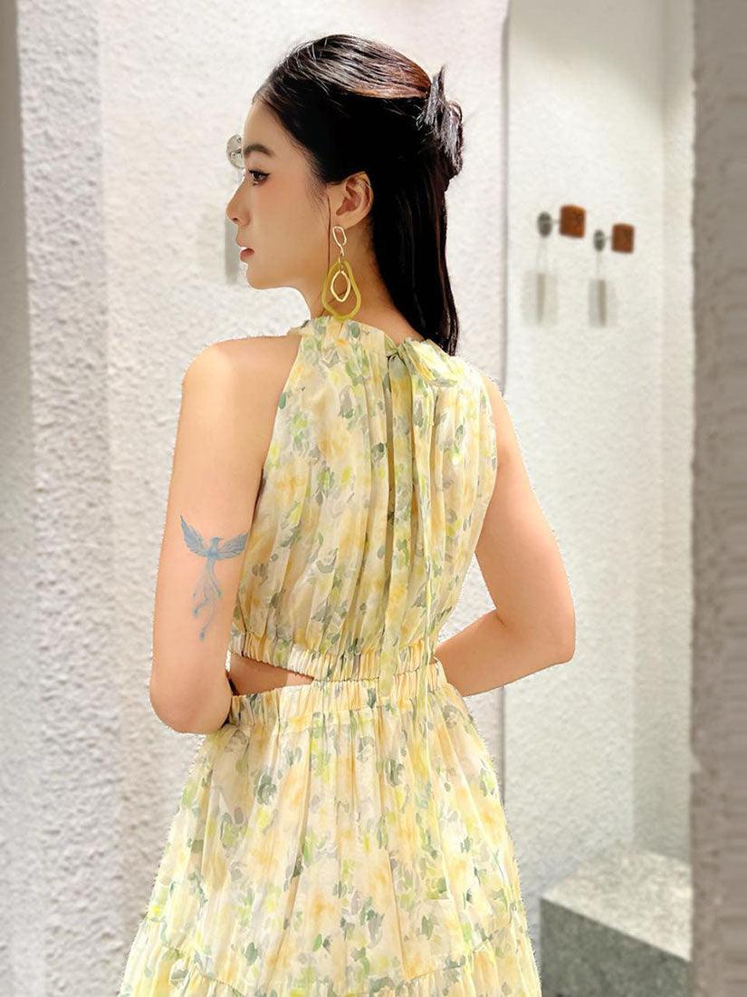 Yellow And Green Floral Pleated Cut-Out Maxi Sleeveless Dress