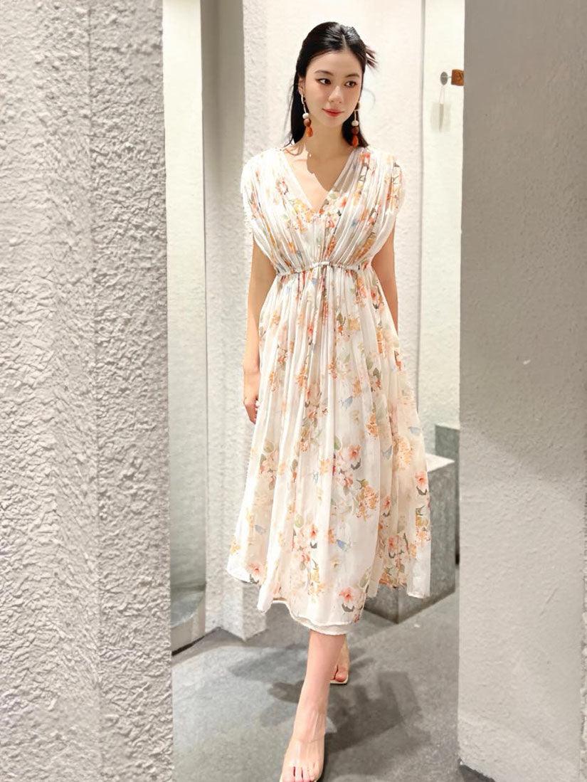 Cream Floral Pleated Sleeve Dress