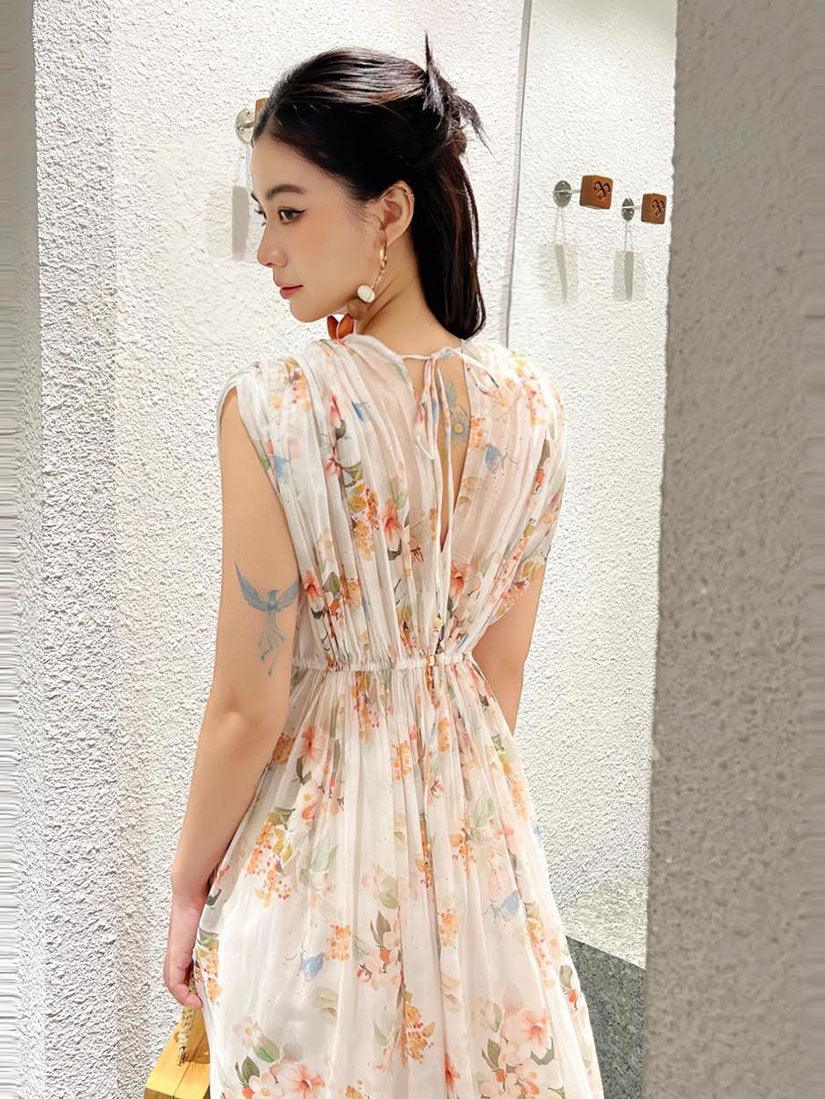 Cream Floral Pleated Sleeve Dress