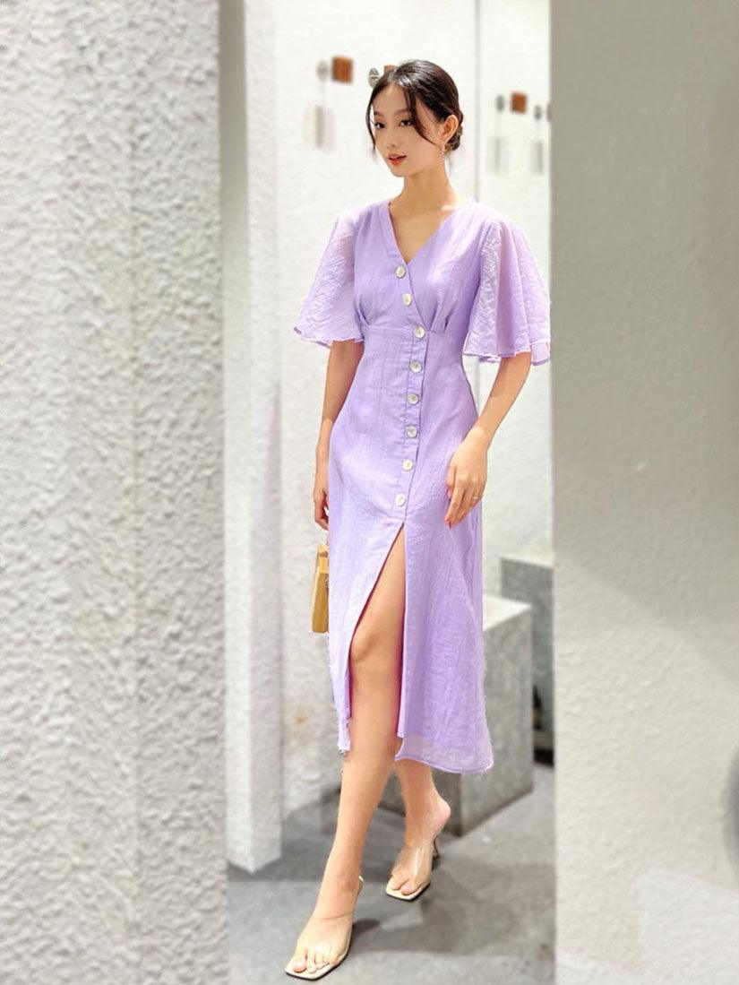 Purple Wrap Flared Sleeve Dress