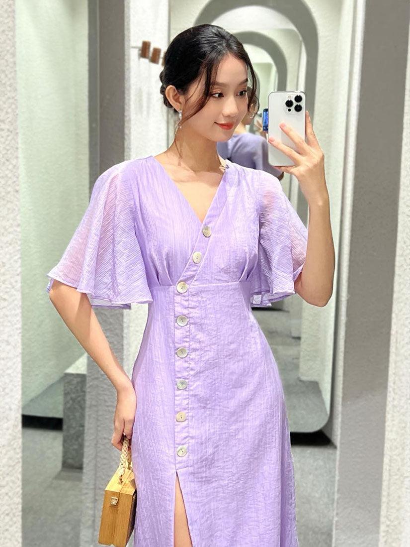 Purple Wrap Flared Sleeve Dress