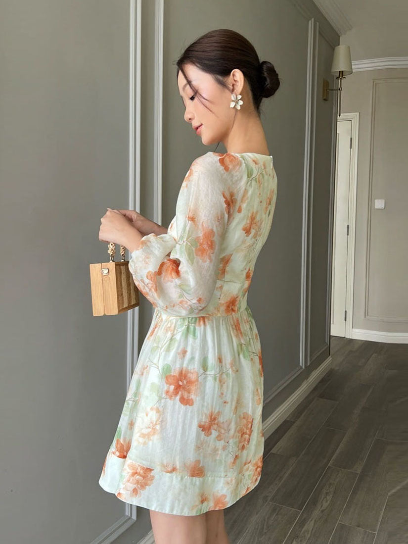 Floral Corset Waist Long Raglan Puff Sleeved Dress