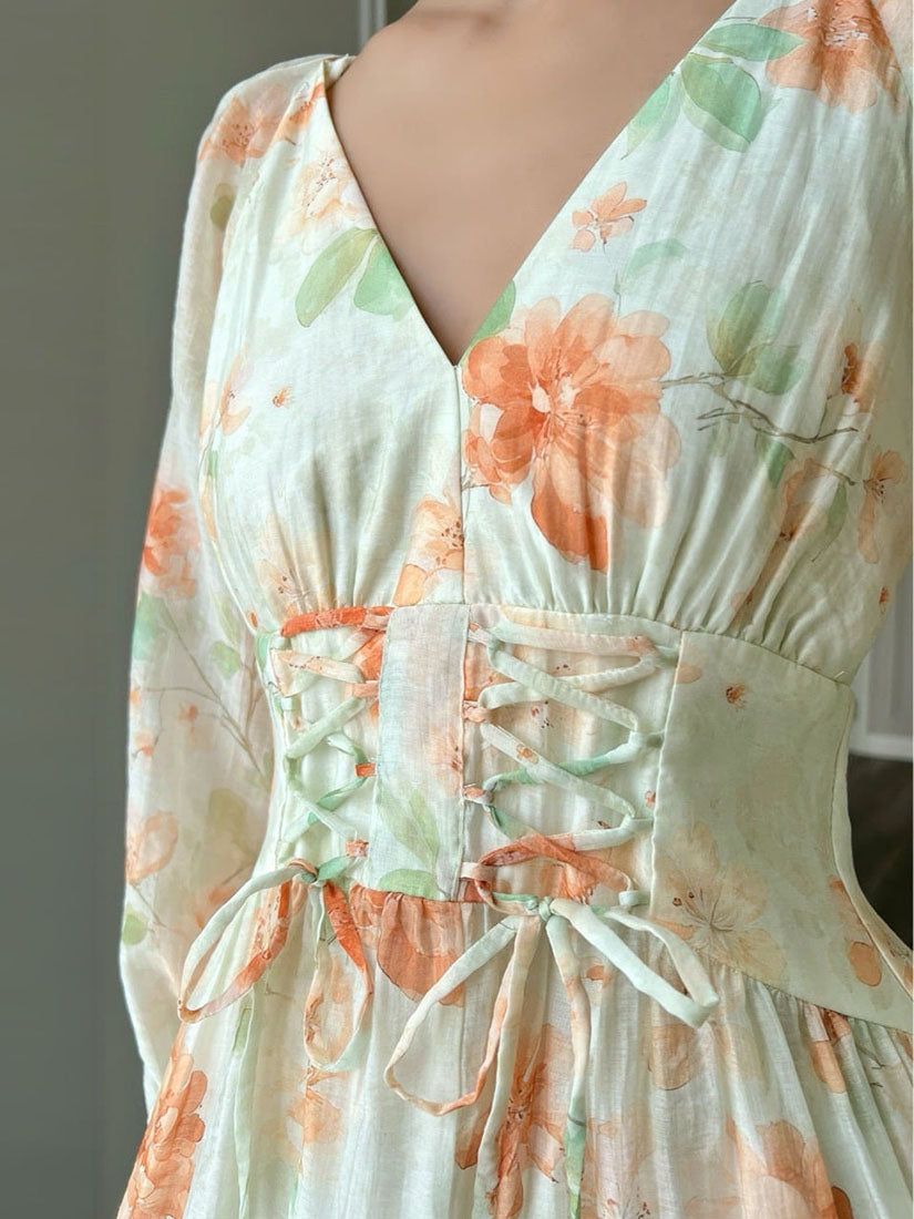 Floral Corset Waist Long Raglan Puff Sleeved Dress