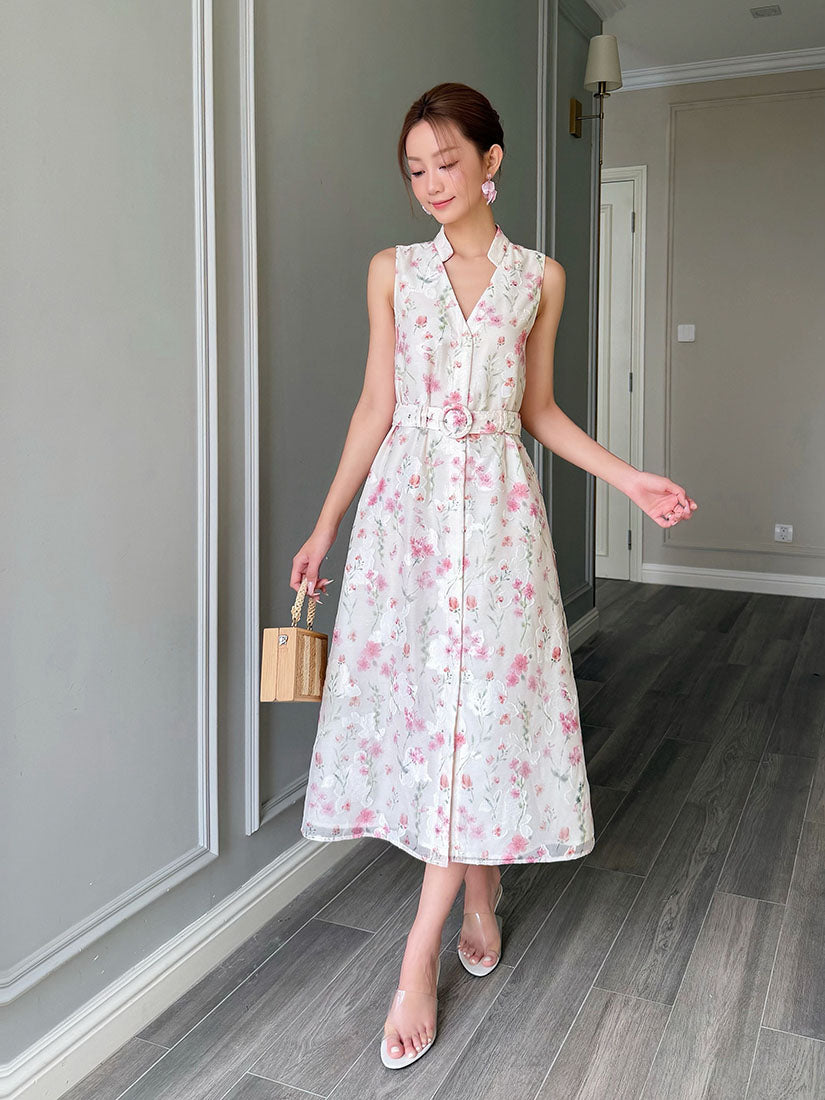 Belted Floral Jacquard Band Collar V Neck Midi Dress - Pink