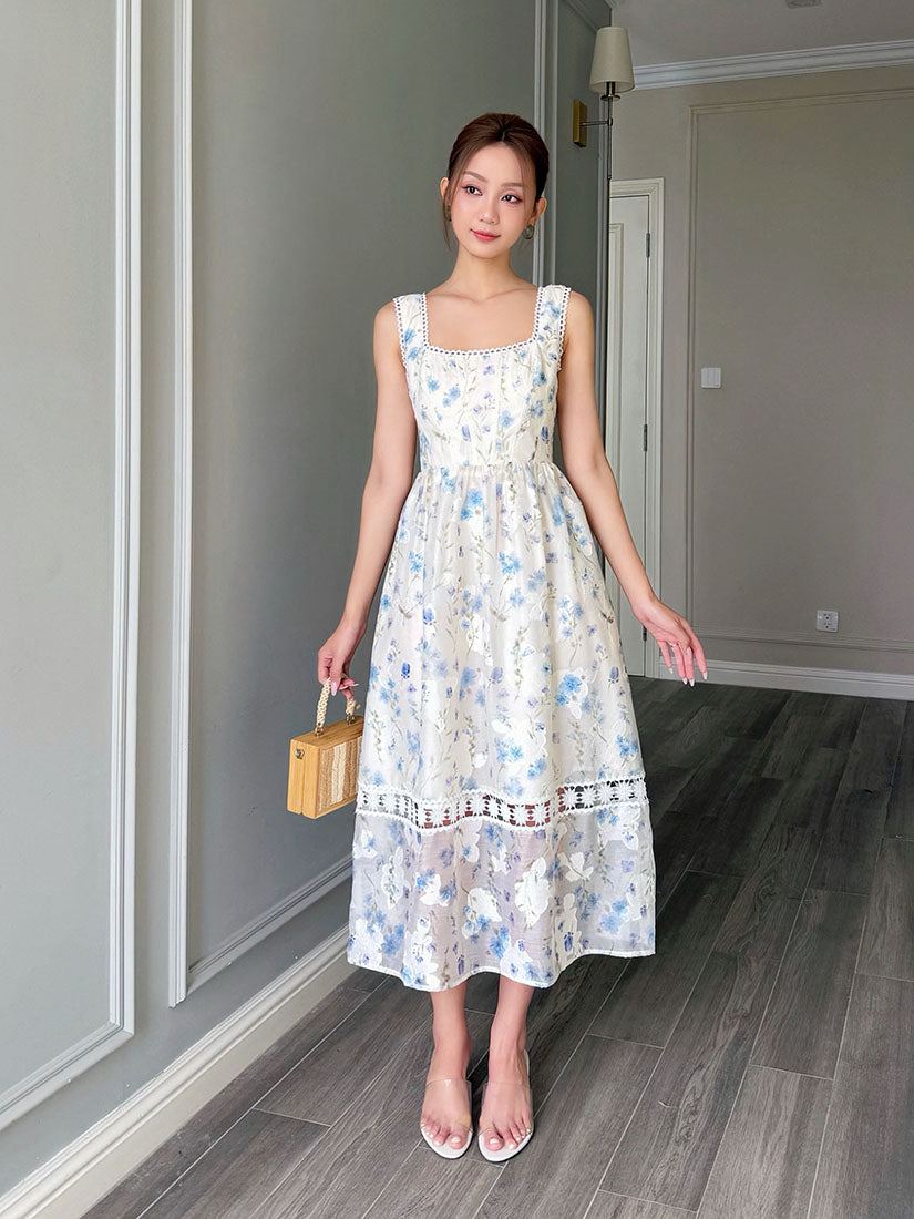 Lace Trim Square Neck Sleeveless Floral Jacquard Strap Dress