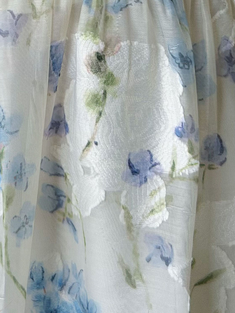 Belted Floral Jacquard Band Collar V Neck Midi Dress - Purple Blue