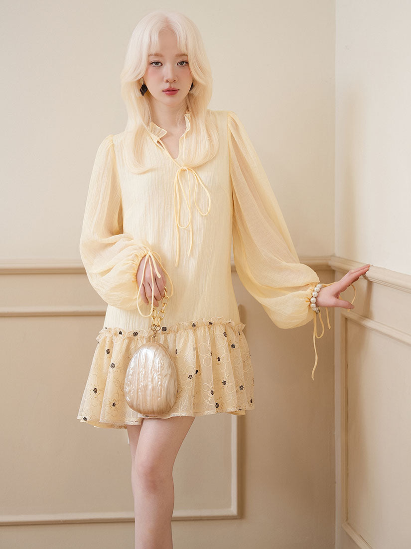 Floral Embellished Ruffle Hem Dress