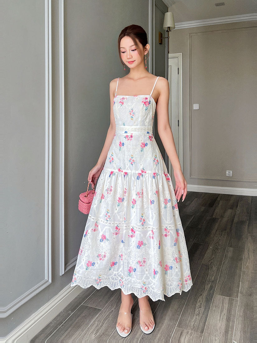 Floral Perforated Spaghetti Strap Dress - Beige