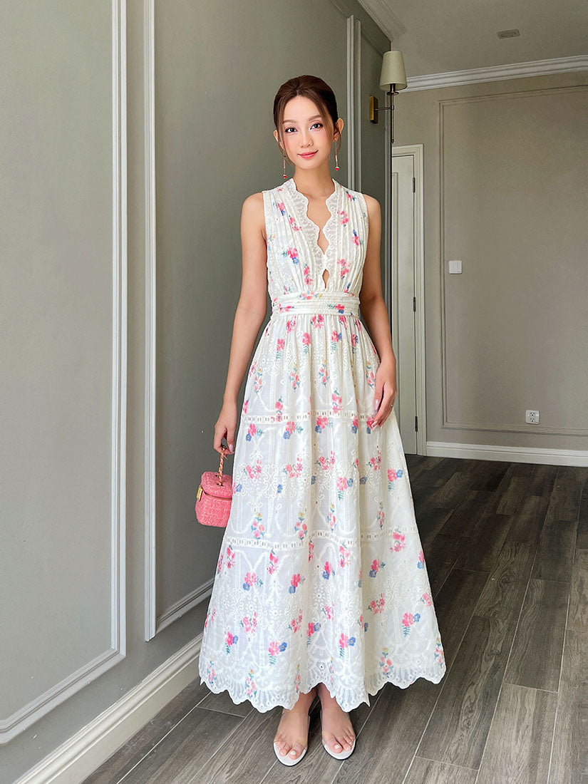 Floral Perforated Deep V Neck Maxi Dress