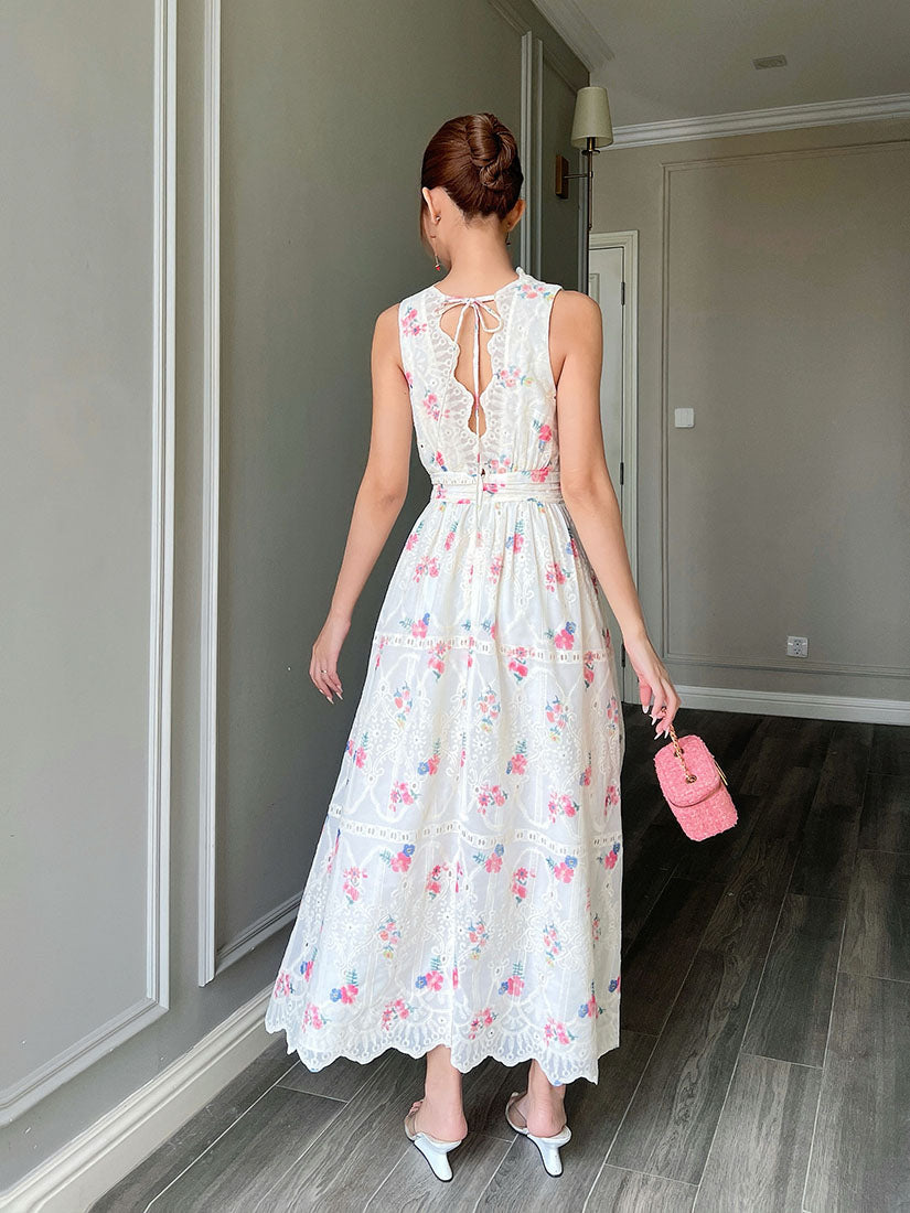 Floral Perforated Deep V Neck Maxi Dress