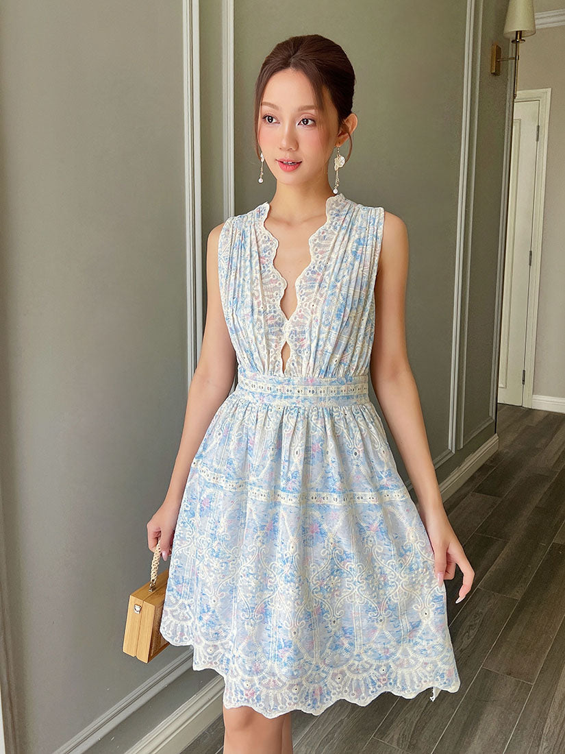 Floral Perforated Deep V Neck Knee Length Dress