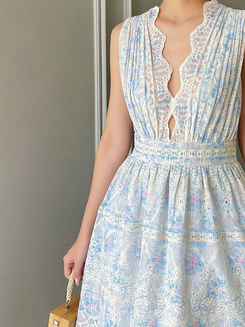 Floral Perforated Deep V Neck Knee Length Dress