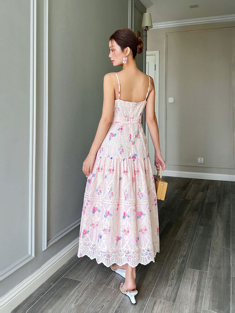 Floral Perforated Spaghetti Strap Dress - Pink