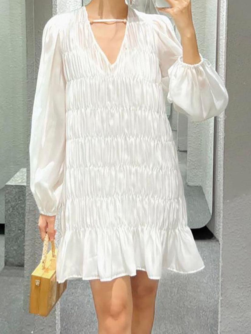 White Puff Sleeve Smocking Dress